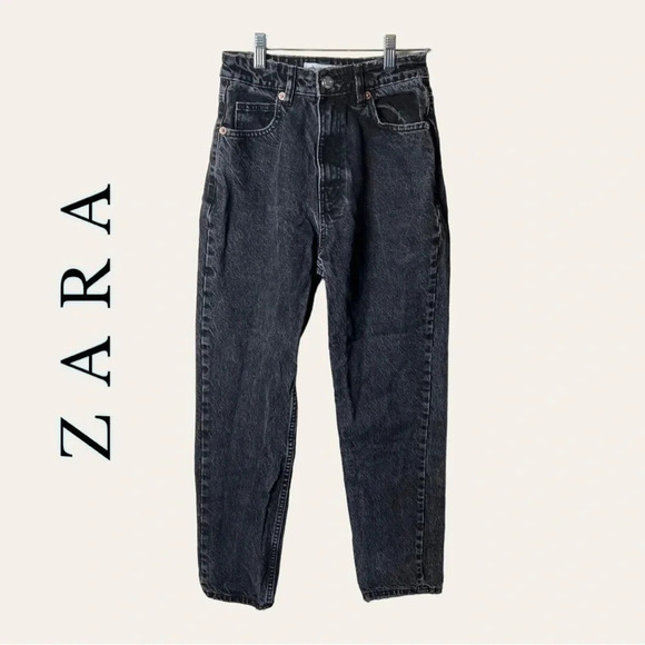 0721. ZARA HIGH WAISTED DENIM JEANS SIZE 2 BLACK IN COLOR FACTORY DISTRESSED - Picture 1 of 9